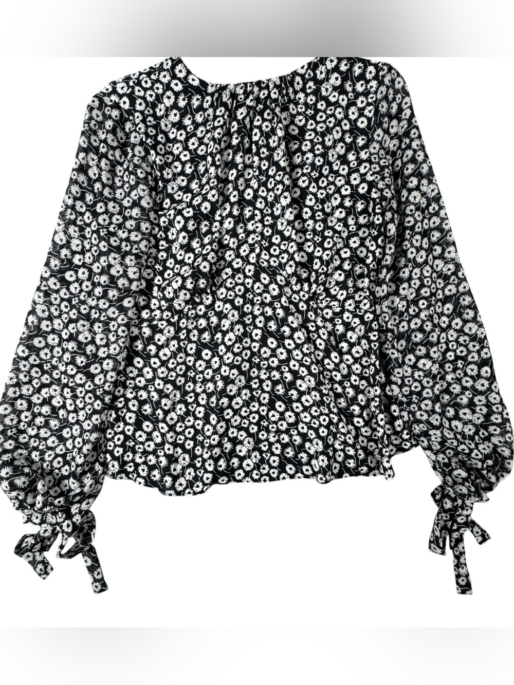 Topshop Black & White Floral Open Back Tie-Cuff Peasant Blouse